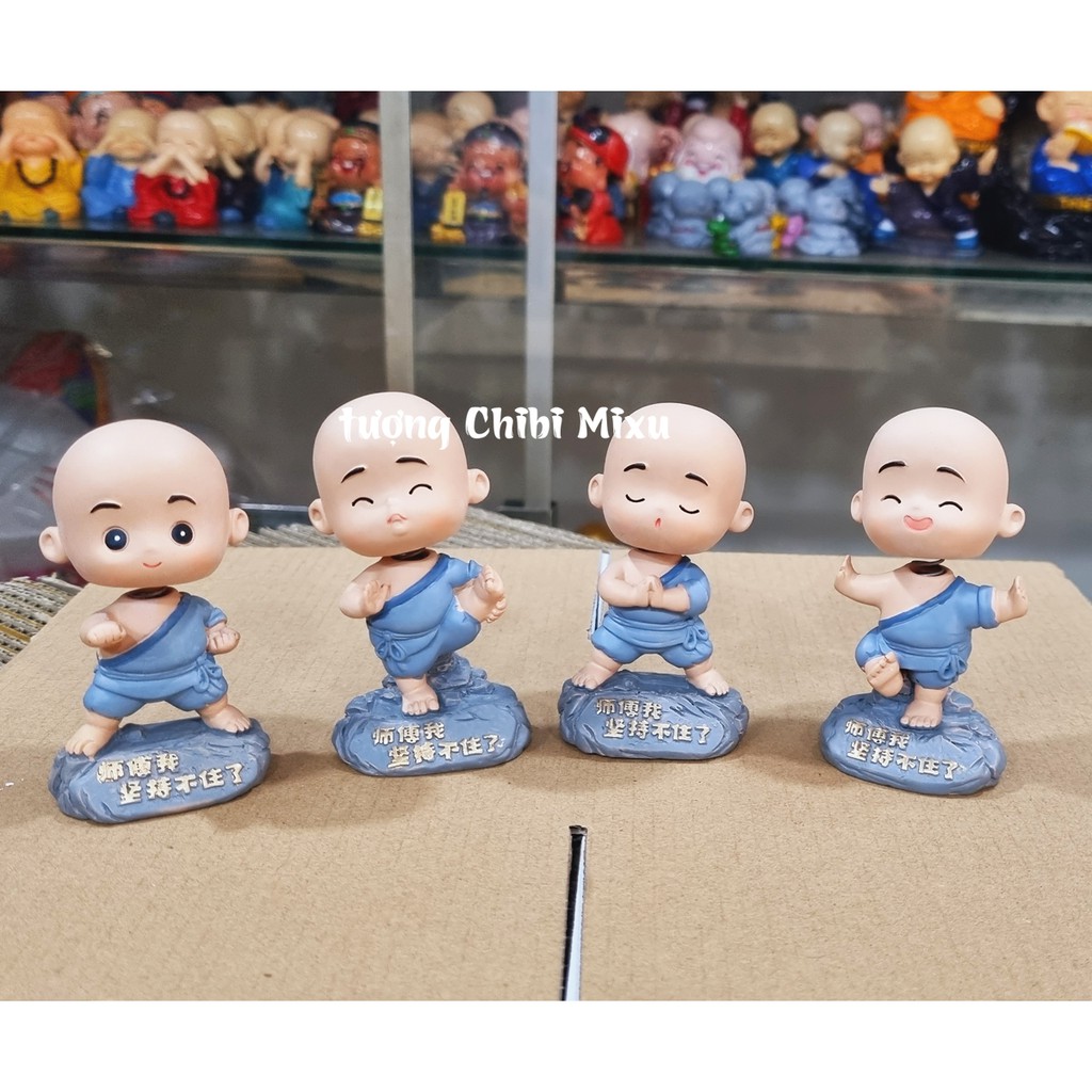 Bộ 04 chú tiểu áo xanh - mẫu lò xo đứng múa võ 8cm